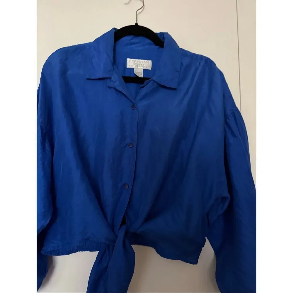 Brannan Street 100% Silk Tie Front Blouse Cobalt Blue Women’s Medium